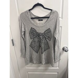 Lauren Moshi Beverly Hills Gray Bow Graphic Long Sleeve Scoop Neck Top Small